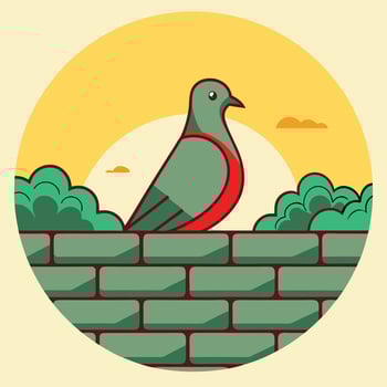 Serene Sunset Pigeon Perched on Brick Wall, Green Bushes vector