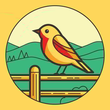 Yellow Bird on Wooden Fence, Rural Landscape, Sunny Day vector