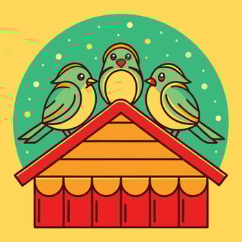 Three Birds Perched Atop Charming Wooden Birdhouse Winter Scene vector