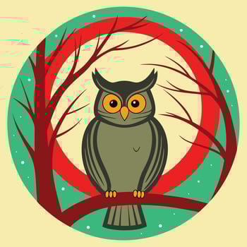 Wise Owl Winter Night Retro Art Tree Branch Moon vector