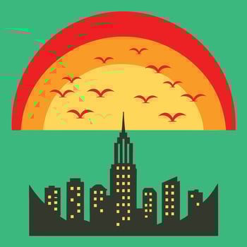 Cityscape Sunset Birds Flying, Buildings, Urban Skyline, Evening vector