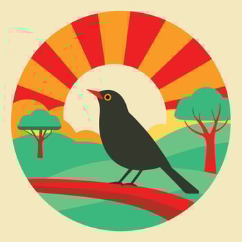Sunrise Blackbird on Branch, Peaceful Nature Scene Illustration vector