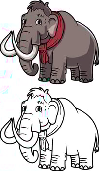 Mammoth cartoon wearing muffler art illustration and outline drawing and white background vector