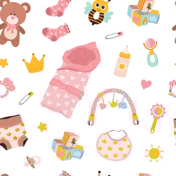 Seamless baby pattern for girls with essentials and toys. Print for infants in a playful style. Ideal for wrapping paper, textiles, nursery decor, and baby shower designs. vector