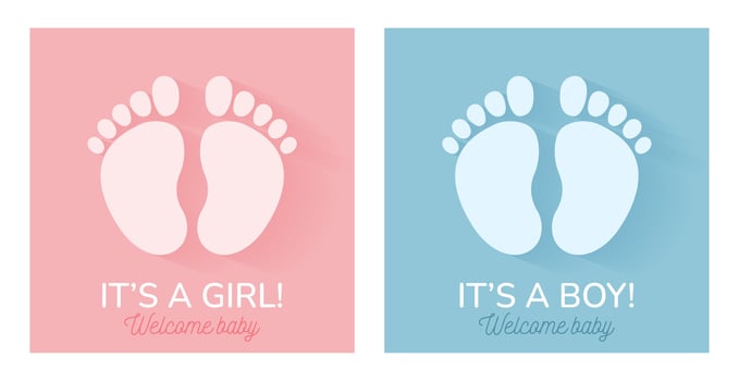 Simple invitation card set for a baby shower, birthday, or gender reveal party. It's a Girl. It's a Boy. Isolated square postcard templates with footprints and text. Cute illustrations. vector