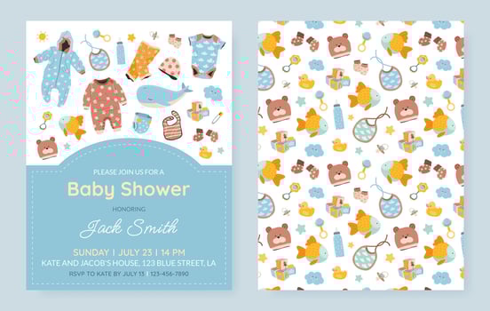 Set of vertical invitation cards for a baby shower, birthday, or gender reveal party. It's a Boy. Isolated postcard templates with baby essentials, text and pattern. vector