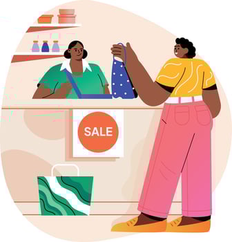 A flat illustration of customer standing at checkout counter vector