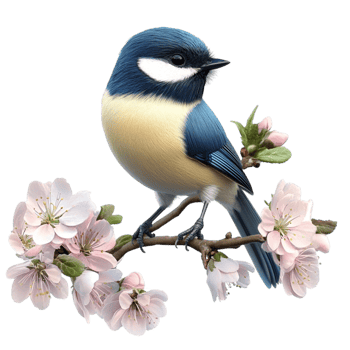 Blue and Yellow Bird on Cherry Blossom Branch png