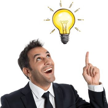 Businessman gets an Idea, Pointing to Light bulb, expressing excitement and inspiration. png