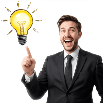 Businessman with Idea, Pointing to Light bulb, expressing excitement and inspiration. png