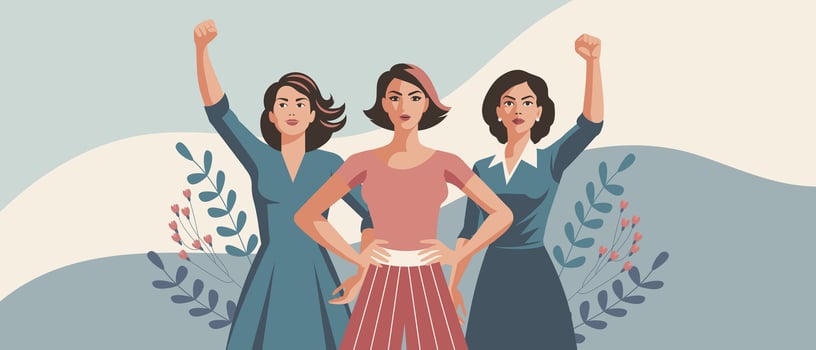 Young women with flowers and raised hands in protest. Postcard for women's day, equality day. Banner, trendy illustration vector