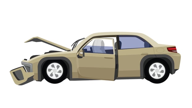 Brown sedan car was severely damaged. Bonnet was distorted. Front bumper has broken apart. Airbags deployed from steering wheel. On isolated white background. vector