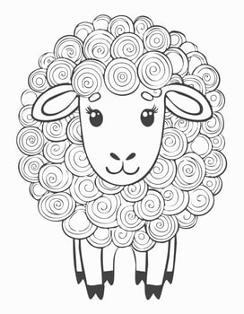 Cute Sheep Mammal Coloring Kid Book Page Black and White. Monochrome and Colored Samples vector