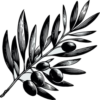 olive illustration, laurel, black olives on a branch. Olive branch with leaves and berries. Black and white illustration, a green leaves and a symbol for the winner of the contest. vector