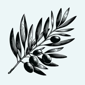 olive illustration, laurel, black olives on a branch. Olive branch with leaves and berries. Black and white illustration. Retro style label, heraldry logo. vector