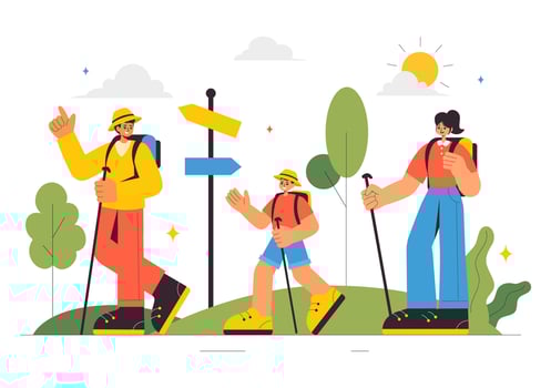 Exploration and Vacation Illustration with a Camera, Suitcase, and Map in a Flat Cartoon Background vector