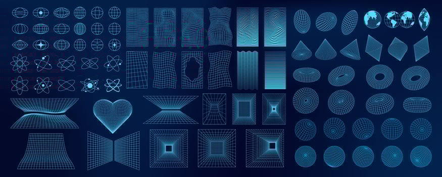 Abstract 3D wireframe shapes, mesh grids, and geometric forms. Neon blue Y2K designs with futuristic and psychedelic patterns. Tech and cyberpunk elements in a surreal digital art. vector