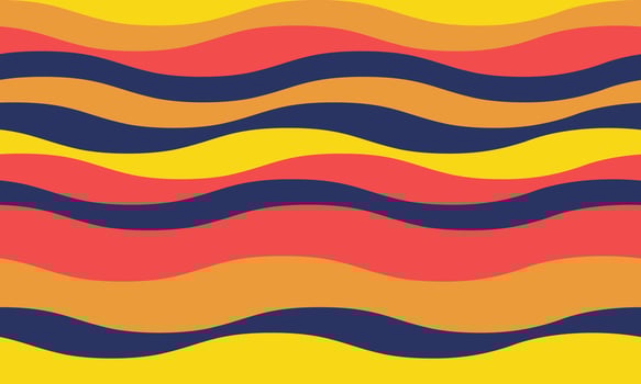 Vibrant wavy stripes in bold yellow, orange, red, and navy blue create a dynamic, retroinspired pattern. Ideal for backgrounds, website design, textiles, and playful branding projects. vector