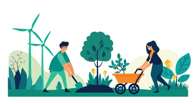 Young couple planting trees and working together for environmental protection, a flat illustration with a white background. This concept depicts an eco-friendly vector