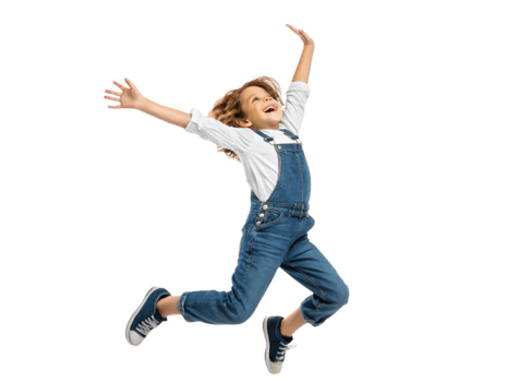 Joyful child leaping in midair fun portrait playful environment dynamic viewpoint happiness concept png