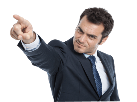 Confident businessman in suit pointing forward studio setting professional portrait dynamic expression png