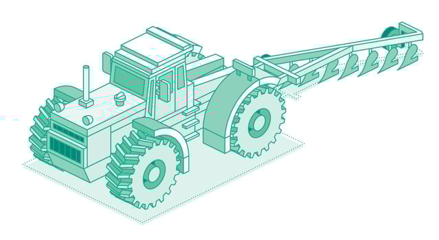 Isometric tractor with plow isolated on white background. Outline object. Large modern agricultural tractor. vector