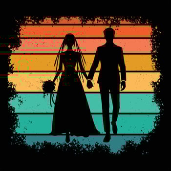 Romantic Couple Silhouette at Sunset in Retro Style vector