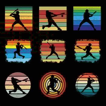 Set of Baseball Silhouette with Retro Sunset Illustration vector
