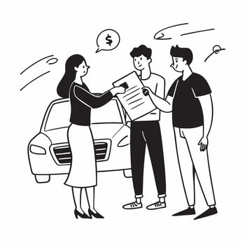 Parents explaining car loan terms to teen concept as High resolution image of parents explaining car loan terms to their teen for their first car with a glossy backdrop highlightin Dynamic vector