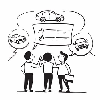 Friends comparing car features concept as High resolution image of friends comparing features of their first cars with a glossy backdrop highlighting the excitement and informed de Dynamic vector