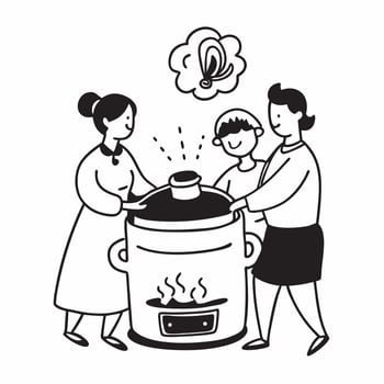 Family using a slow cooker concept as High resolution image of a family using a slow cooker with a glossy backdrop highlighting the cost effective and time saving benefits of cooki Dynamic vector