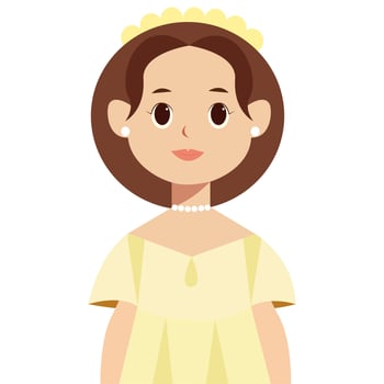 Smiling girl with brown hair wearing a yellow dress and pearls. vector