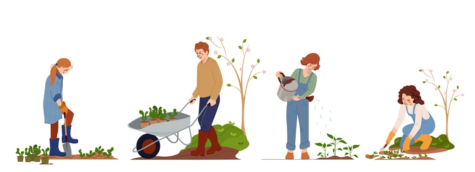 Farmers caring of plants set. Characters watering and grows plant, vegetables and flowers in garden. Horticulture and organic nutrition concept. Cartoon flat illustration vector