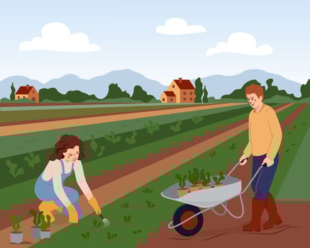 Rural summer landscape. Farmers grows and caring of plants. Countryside with hills and village. Farm field. Horticulture and organic nutrition concept. illustration in flat style. vector
