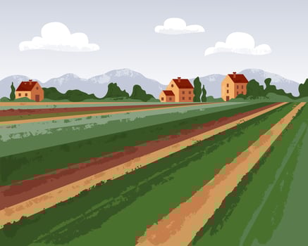 Rural summer landscape. Countryside with hills and village. Farm field. illustration. vector