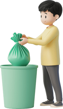 A man putting a bag in a green trash can png