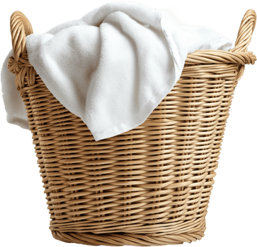 A wicker basket with a white towel inside png
