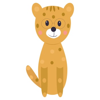 Cute cartoon leopard sits happily with oversized glasses. vector