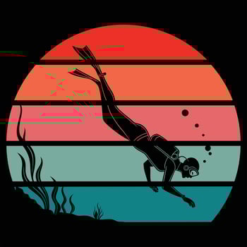 Scuba Diver Silhouette with Sunset Retro Background Art vector