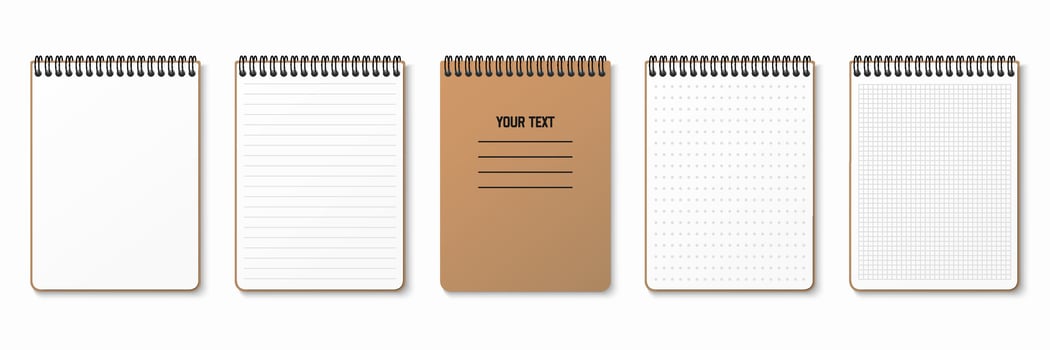 Lined, gridded and dotted sheets. Realistic notepad. Blank sheets of notebook with grid for homework and exercises. Horizontal spiral. Creative illustration mock up diary. vector