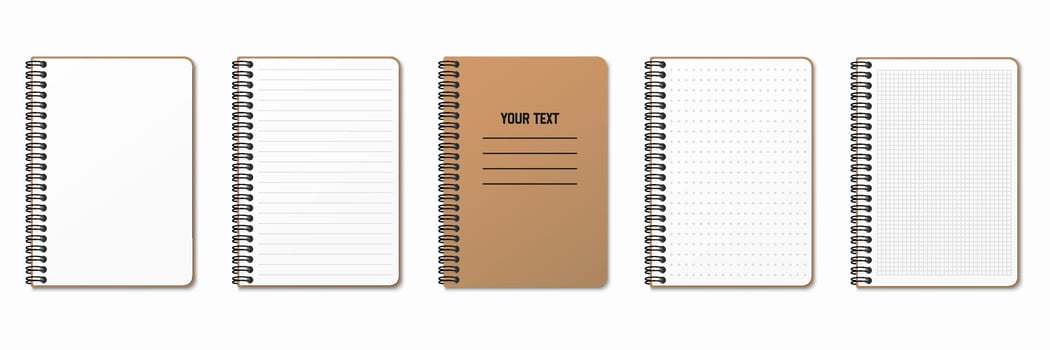 Lined, gridded and dotted sheets. Blank sheets of notebook with grid for homework and exercises. Vertical spiral. Creative illustration mock up diary. Realistic notepad. vector