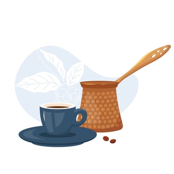 Hand drawn traditional copper cezve and small porcelain coffee cup with rich aromatic espresso. Flat illustration of turkish coffee pot and cup design for website, banner or merchandise product vector