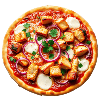 A pizza with chicken, onions and cheese png