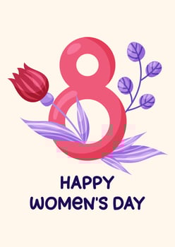 Happy Women's Day Card with number 8 and flowers. Simple cute greeting card in pink and purple tones. illustration. vector