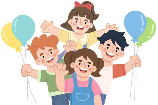 Illustration of joyful children celebrating with balloons png