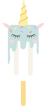Melting turquoise unicorn popsicle resting on a white background, featuring closed eyes, playful hearts, and a delightful sprinkle of colorful confetti, radiating sweetness vector