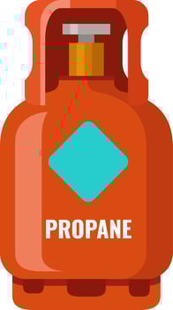 Orange propane gas cylinder with safety handle and label containing flammable pressurized gas, used for camping, cooking, heating and industrial purposes vector