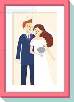 Wedding portrait showing groom wearing blue suit and bride in white dress holding bouquet inside picture frame, illustration in simple cartoon flat style vector