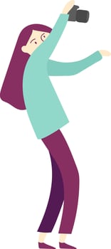 Female photographer holding a professional camera above her head, capturing a unique perspective while taking pictures. Long purple hair flows as she focuses on her creative work vector