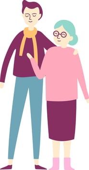 Cartoon illustration of a young male caregiver embracing an elderly woman, providing comfort, assistance, and companionship in a heartwarming depiction of intergenerational bonding vector